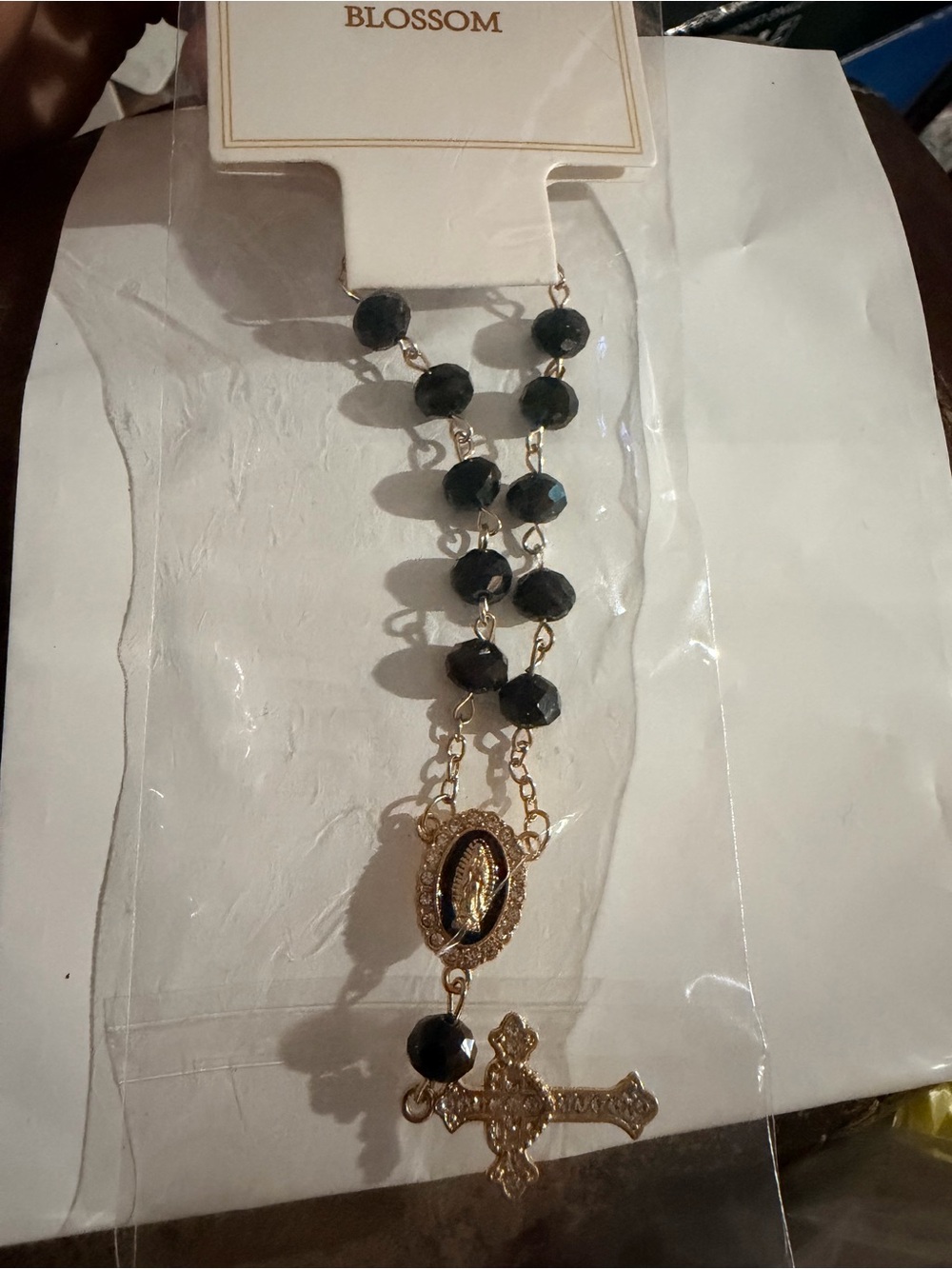 Black Bead Rosary-Style Cross bracelet